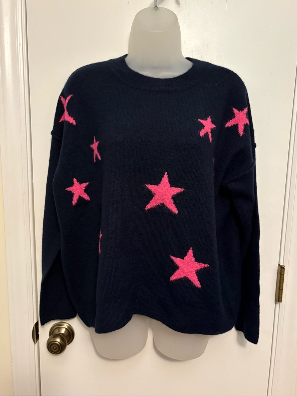 Vince Camuto Navy Sweater with Pink Star Motif, Size XS